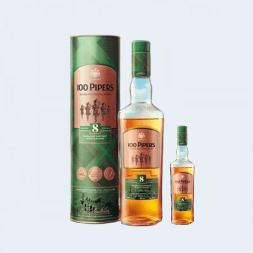 <h4>100 Pipers 8YO Blended Scotch Whiskey</h4> 
                                              <div class='border-bottom my-3'></div> 
                                            <table class='mb-3' id='alt-table' cellpadding='3' cellspacing='1' border='1' align='center' width='80%'>
                                                <thead id='head-dark'><tr><th>Quantity</th><th>Price/Unit</th></tr></thead>
                                                <tr><td>180ml</td><td class='price'>₹550</td></tr>
                                                <tr><td>750ml</td><td class='price'>₹2200</td></tr>
                                            </table>
                                            <b class='text-start'>Description :</b>
                                            <p class='text-justify mt-2'>100 Pipers is a light, vanilla-scented blend with notes of dried fruit, soft smoke and spice. Today the blend is centred around the light Speyside malt whisky from Allt-a-Bhainne distillery.</p>